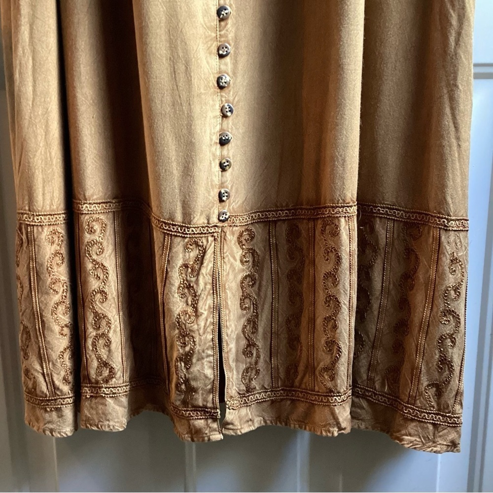 Vintage L'Pogee 90s Camel Brown Embroidered Maxi Dress Free Size Large - Picture 3 of 6